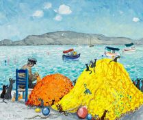 ‡ NICK HOLLY (Welsh b. 1968) oil on canvas - entitled verso - 'Mending the Nets, Greece,