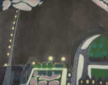 ERNEST ZOBOLE (Welsh 1927-1999) oil on canvas - large street scene at night, with figure and dog, 99