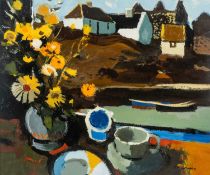 ‡ DONALD MCINTYRE (1923-2009) oil / acrylic - entitled verso 'Harbour Window', fully signed, 50 x