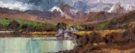 ‡ DAVID GROSVENOR (b.1956) oil on canvas - entitled verso, 'Snowdon from Llynnau Mymbyr' on Ffin-y-