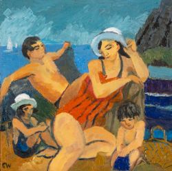 ‡ CLAUDIA WILLIAMS (1933-2024) oil on panel - entitled verso, 'Family Relaxing', signed with