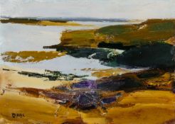 ‡ DONALD MCINTYRE (1923-2009) oil on board - Welsh coast, entitled verso, 'Trearddur Bay,