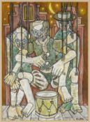 ‡ KAREL LEK (1929-2020) mixed media - portrait of three puppets on strings, signed, 37 x 27cms