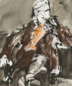 ‡ MIKE JONES (Welsh 1941-2022) ink and watercolour - entitled verso, 'Seated Figure', signed,