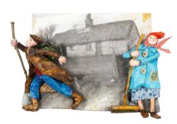 ‡ LUNED RHYS PARRI (Welsh b.1970) mixed media construction - two figures, one with walking stick and