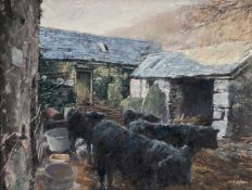 ‡ KEITH BOWEN (Welsh b.1950) oil on board - entitled verso 'Farmyard with Welsh Blacks', signed,
