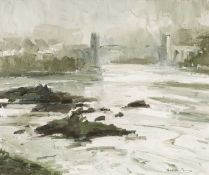 ‡ GARETH PARRY (Welsh b.1951) oil on canvas - entitled verso, 'Glawio'n Dawel Ar Y Fenai / Raining