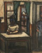 ‡ JOSEF HERMAN (1911-2000) mixed media - domestic scene with seated figure at table and standing