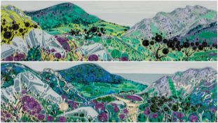 ‡ KATIE ALLEN (b.1967) acrylic on dibond (a pair) - entitled verso, 'Penmaenmawr I' and 'Penmaenmawr