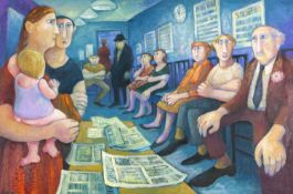 ‡ MURIEL DELAHAYE (1931-2021) large oil on canvas - entitled verso 'The Waiting Room', thought to be