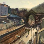 ‡ ROB POINTON (b.1982) oil on board - entitled verso, 'Sun on the Tracks, Conwy Station' on Ffin-y-