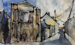 ‡ JOHN UZZELL EDWARDS (Welsh 1934-2014) mixed media - street scene, possibly Tabernacle Chapel in