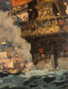 ‡ SIR FRANK BRANGWYN RA (1867-1956) oil on board - entitled verso, ' The Last Fight of the Revenge',