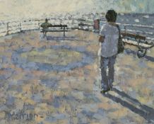‡ MEIRION JONES (Welsh b.1966) oil on board - figures at Aberystwyth pier, signed, 21.5 x 27cms