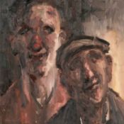‡ GARETH PARRY (Welsh b. 1951) oil on canvas - entitled verso 'Y Tad a'r Mab' (Father and Son),