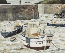 ‡ JOHN KNAPP-FISHER (1931-2015) large oil on paper - entitled verso, 'Boats, Porthgain' on Martin