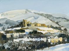‡ SARAH CARVELL (Welsh b.1964) oil on canvas - entitled verso, 'Denbigh Castle in the Snow' on