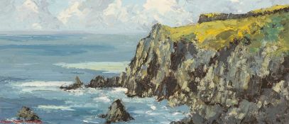 ‡ CHARLES WYATT WARREN (Welsh 1908-1993) oil on board - coastal scene with steep cliffs, signed,