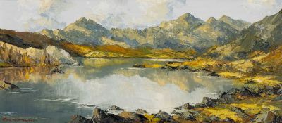 ‡ CHARLES WYATT WARREN (Welsh 1908-1993) oil on board - Eryri (Snowdonia) landscape with lake,