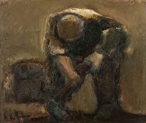 ‡ WILL ROBERTS (Welsh 1907-2000) oil on canvas - entitled verso, 'Man with Hoe', signed with