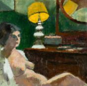 ‡ JOHN ELWYN (Welsh 1916-1997) oil on board - seated nude female, John Elwyn studio stamp verso,