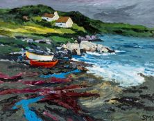 ‡ SION MCINTYRE (Welsh b.1975) acrylic on board - entitled verso, 'Barns and Boats, Carmarthenshire'