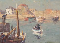 ‡ GYRTH RUSSELL (1892-1970) oil on board - fine example, entitled verso, 'Sunlit Mevagissey' on