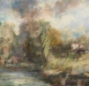 ‡ LEONARD BEARD (1942-2007) oil on card - wooded landscape and river, signed and dated '92, 49 x