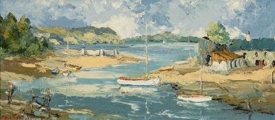 ‡ CHARLES WYATT WARREN (Welsh 1908-1993) oil on board - estuary and buildings at Abersoch, Llyn