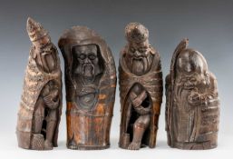 FOUR CHINESE BAMBOO ROOT CARVINGS, depicting Immortals, including Shoulao and others, tallest