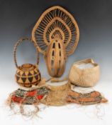 ASSORTED WOVEN ARTIFACTS, Papua New Guinea, comprising two red and black dyed bilum bags, similar