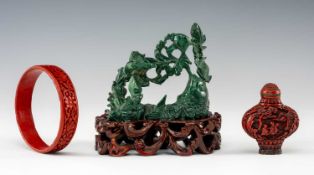 THREE CHINESE WORKS OF ART, comprising carved malachite leaping carp on stand (damaged) 90cms,