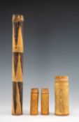 FOUR BAMBOO CONTAINERS, Papua New Guinea, three short lime containers and covers with foliate