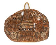 SMALL CARVED STORY BOARD, Papua New Guinea, decorated with a spirit house with tall figural gable,