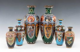 SIX JAPANESE CLOISONNÉ ENAMEL VASES, Late Meiji/Taisho Period, comprising three pairs, 18.5cms,