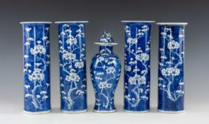 FIVE CHINESE BLUE & WHITE PORCELAIN SLEEVE VASES, painted with flowering prunus, tallest 30cms (