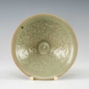 SMALL CHINESE YAOZHOU CELADON BOWL, Northern Song Dynasty, thinly moulded conical form with flared