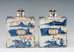 PAIR CHINESE IMARI PORCELAIN TEA CADDIES, Kangxi, with later white metal covers, square form on