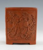 CHINESE YIXING POTTERY BRUSH POT, hexagonal section, decorated in shallow relief with Qilin