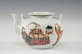 CHINESE FAMILLE ROSE PORCELAIN 'QIANJIANG CAI' TEAPOT & COVER, 19th Century, ribbed bulbous form