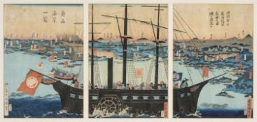 UTAGAWA KUNITERU, oban triptych - Lord Minamoto Yoritomo captures Takadate castle in his conquest of