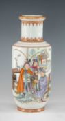 CHINESE FAMILLE ROSE PORCELAIN ROULEAU VASE, Republic or later, decorated with figures in an