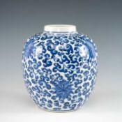 CHINESE BLUE & WHITE PORCELAIN JAR, painted in the Kangxi-style with formal scrolling lotus,