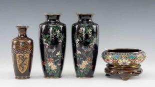 FOUR CLOISONNÉ ENAMEL VESSELS, including a Japanese vase decorated with panels of dragons and Ho-