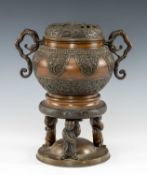 JAPANESE BRONZE KORO & COVER, low domed pierced cover, twin handled bombé vessel with Ho-Ho bird