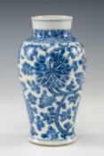 CHINESE BLUE & WHITE PORCELAIN VASE, painted with stylised scrolling lotus, diaper shoulder, band
