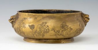 CHINESE BRONZE 'IMMORTALS' CENSER, Xuande six-character mark, the sides decorated with the eight