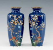 PAIR JAPANESE CLOISONNÉ VASES, Meiji Period, decorated with chidori in flight amid flowering