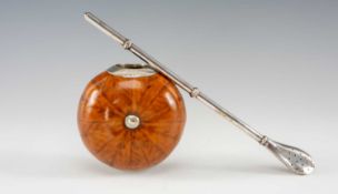 SOUTH AMERICAN WHITE METAL BOMBILLA & MATE GOURD, probably Uruguay, bombilla with three foliate