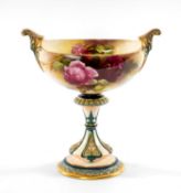 ROYAL WORCESTER PORCELAIN PEDESTAL VASE, c. 1904, shape 280, oval bowl with short scroll lug